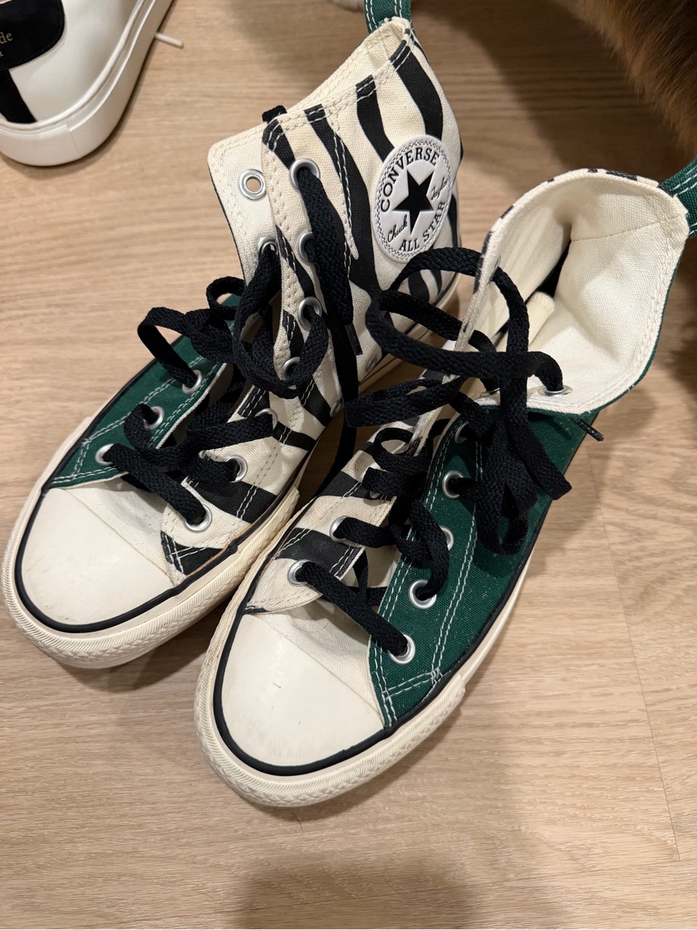 Converse Kids High Top Sneakers in Green, Black, and Cream Zebra
